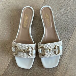 Amarea Raffia Horsebit White Summer Sandals Slides